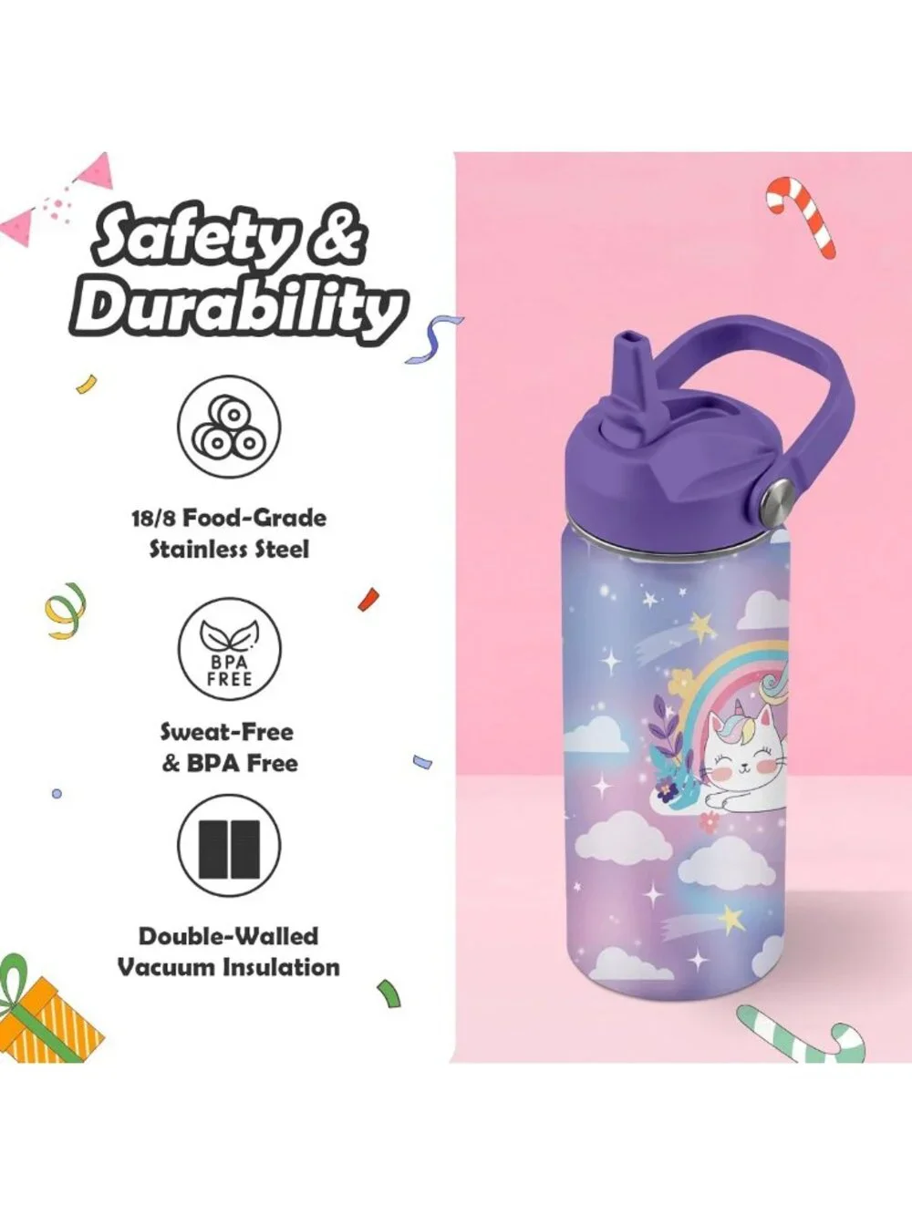 Cute Cat Water Bottle for Kids - 16oz Insulated Tumbler with Straw Lid, Rainbow